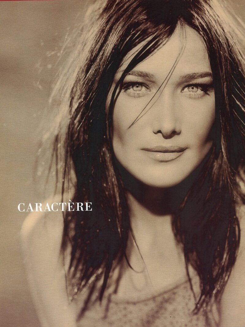 Adv: Caractère Ph: Eckstein Model: Carla Bruni Loc:Paris '99 Hair: Pier Giuseppe Moroni